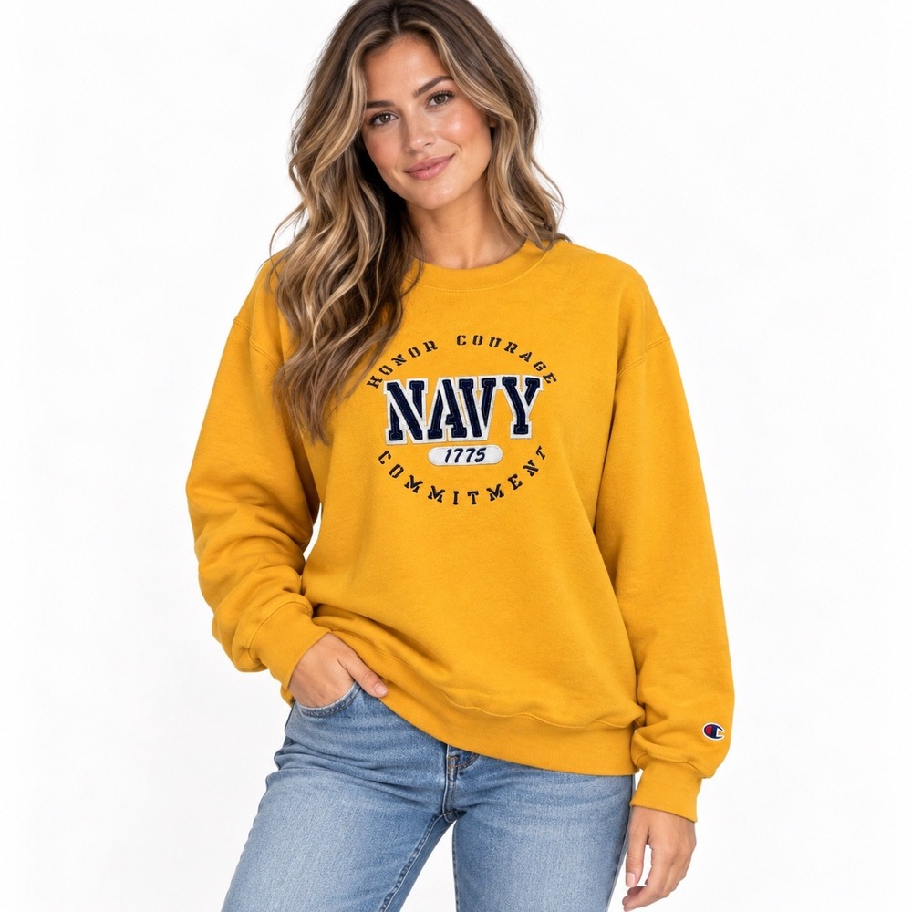 Champion Sweatshirt Medium Yellow Navy Embroidered Military Y2K Streetwear